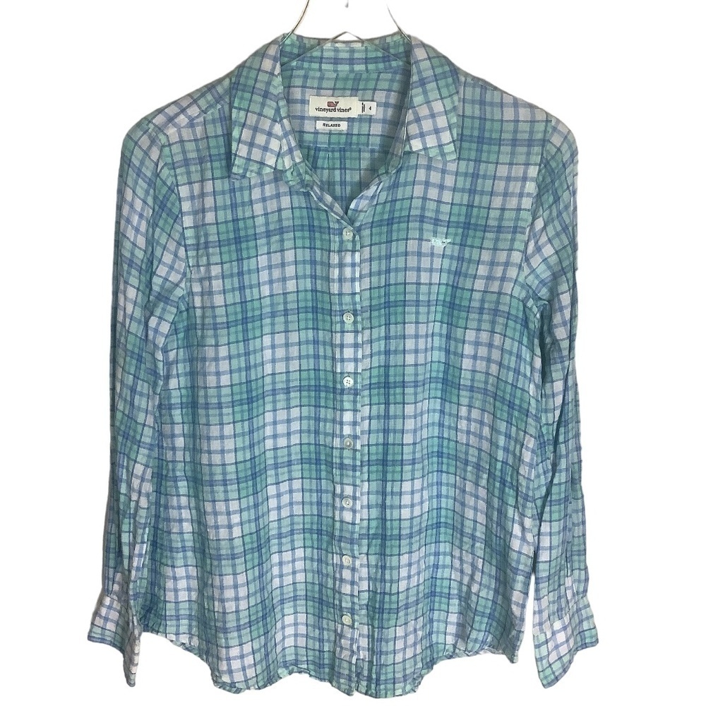 Vineyard Vines Women's Linen Relaxed Checks Button Down Shirt Size 4 - Picture 13 of 13